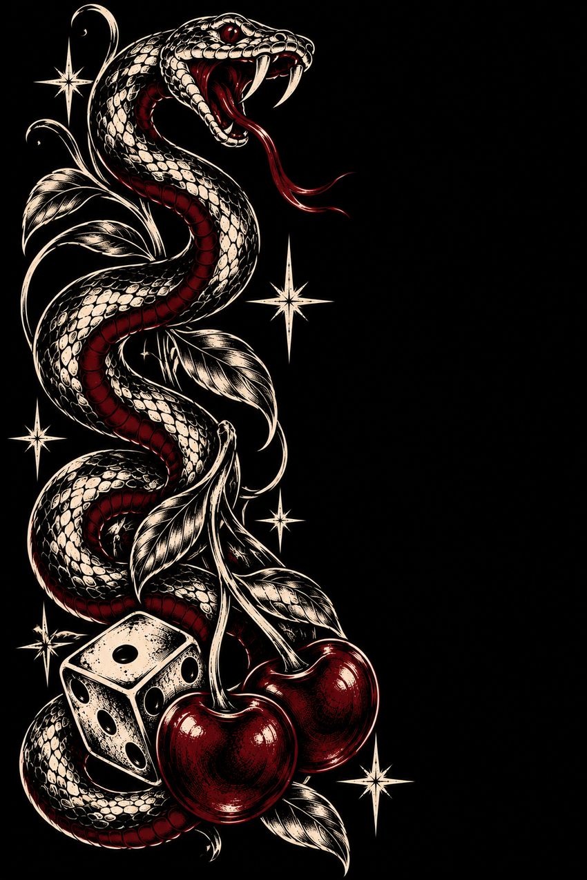 Snake, dice and cherries tattoo artwork